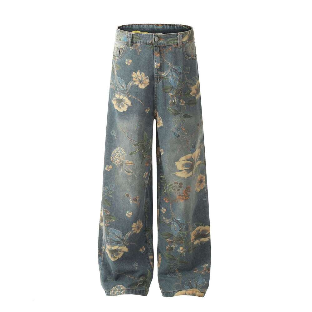 Jiayiku Trendy Brand 2024 Autumn/Winter New American Flower Printed Micro La Jeans For Men And Women Vibe Pants