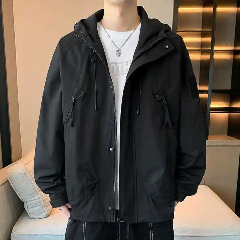 Spring Autumn Fashion Male Clothes Solid Color Jacket Chic Casual All-match Handsome Korean Youth Hooded Loose Waterproof CoatT250311