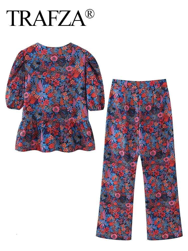 TRAFZA 2024 Summer Fashion Ral Print Pant Sets For Women Short Sleeves O Neck Bow Lace Up Top+High Waist Wide Leg Pants