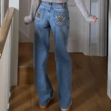 Y2K Harajuku leopard star retro blue straight jeans womens high waist embroidery fashion washed Korean style wide leg pants 250306