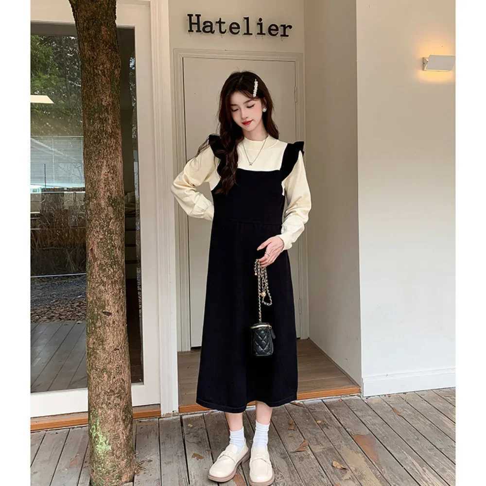 Maternity Dress Autumn Winter Long Sleeve Stitching Fake Two Pieces Clothes for Pregnant Women Knitted Pregnancy DressesT250311