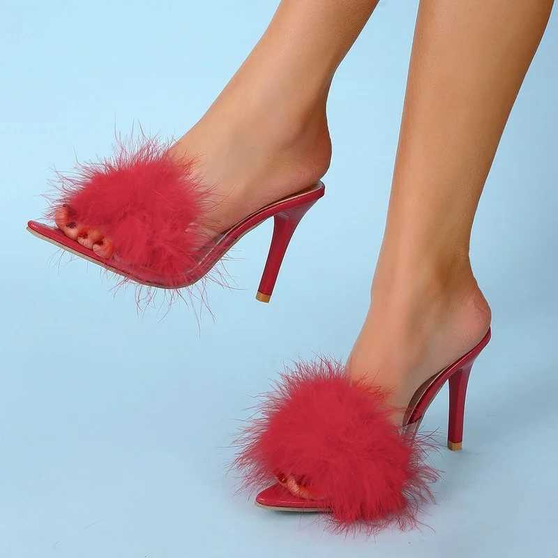 Slippers 2023 New Summer Ladies Heels Feather Fi Crystal Heels Fur Open Toe Slippers Ladies Zapatillas Woman Women ShoesXJ250311