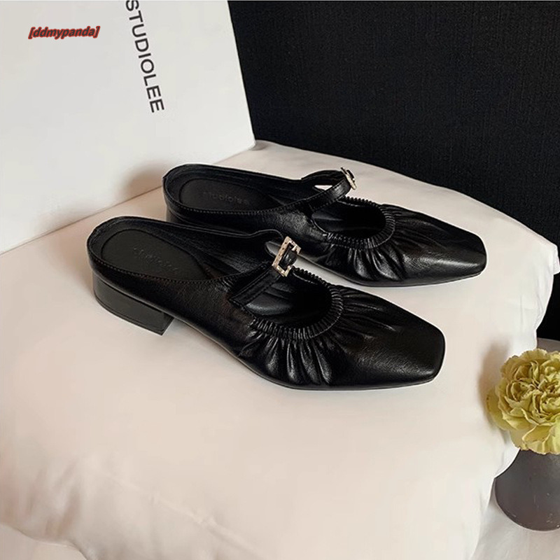 High end sheepskin version~Muse girl French square head pleated with one foot, water diamond buckle, Muller half drag for external fashion ddmypanda