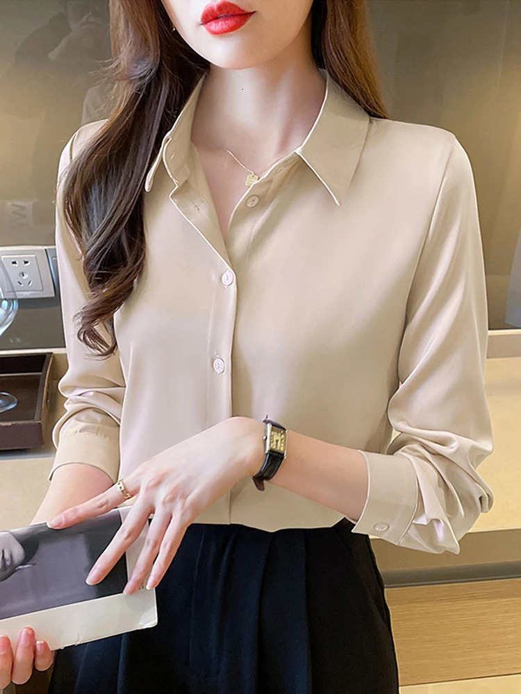 Minimalist Long Sleeve Satin Blouses Shirt Women Korean Style Solid Loose Shirts Blouse Female Casual Clothes OL Ladies Top 250310