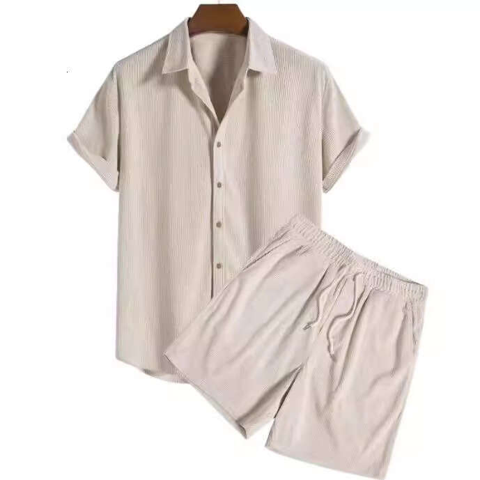 European and American men's loose multi-color beach wear corduroy short sleeved two-piece set, 2025 new casual versatile fashion clothing