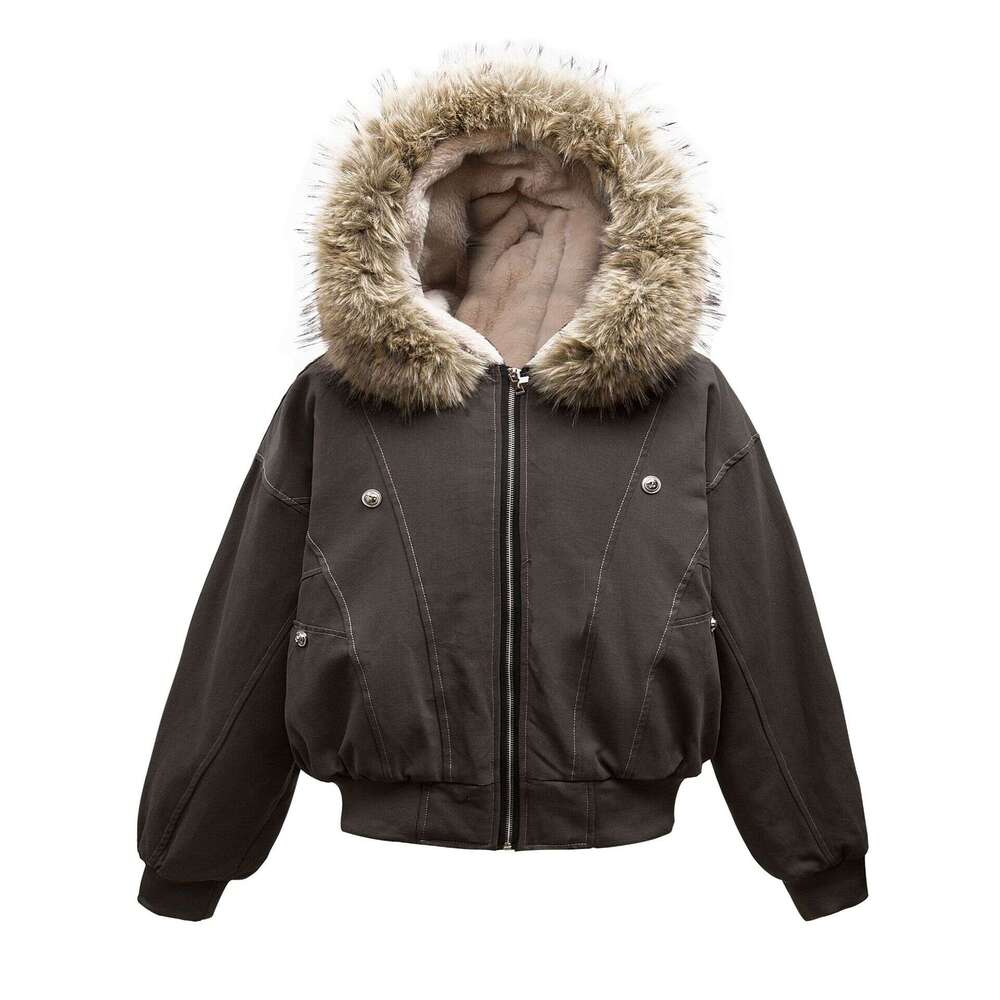 Jiayiku Trendy Brand 2024 Winter New American Thickened With Velvet Inner Hair Collar Hooded Cotton Jacket For Men And Women