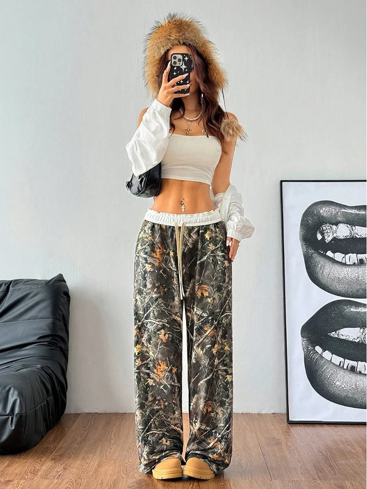 Oversized Hip Hop Baggy Pants Fashion Women Drawstring Pocket Branch Camouflage Wide Leg Pant Casual Sweatpant Cargo Trousers 250310