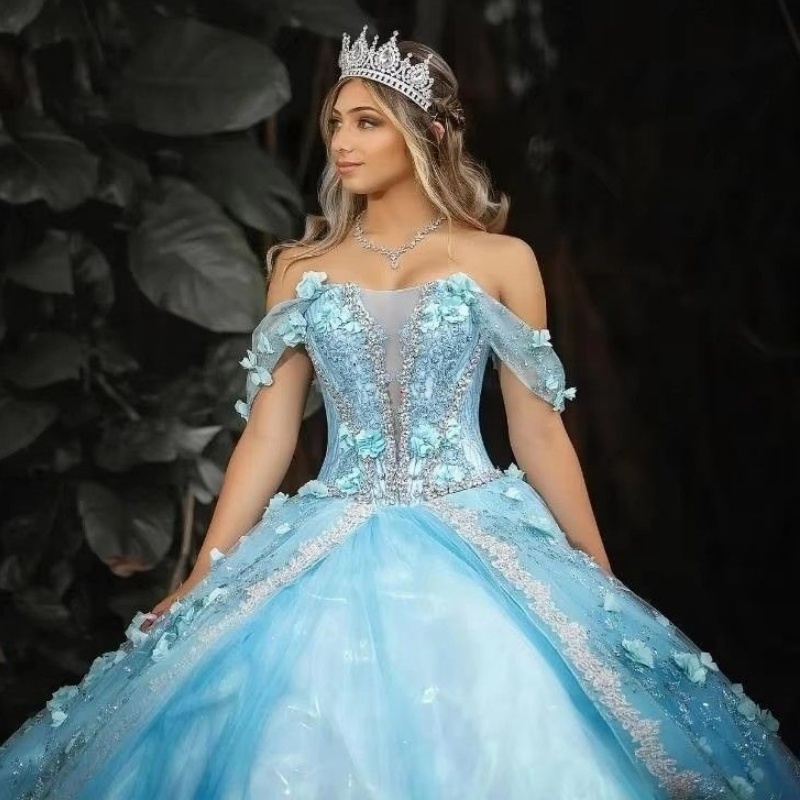 Sky Blue Off The Shoulder Princess Ball Gown Quinceanera Dresses 3D Flower Sequin Applique Beads Sweet 16 Dress Vestidos 15 Anos