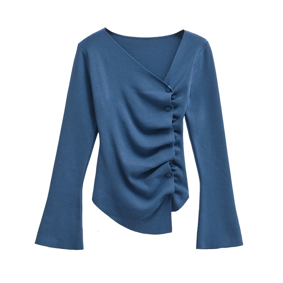 TRAFSHE Asymmetrical Knitted Sweater Blue Brown Knitwear Autumn Womens Pleated Long Sleeve Top Ladies Elegant 3820152 250311