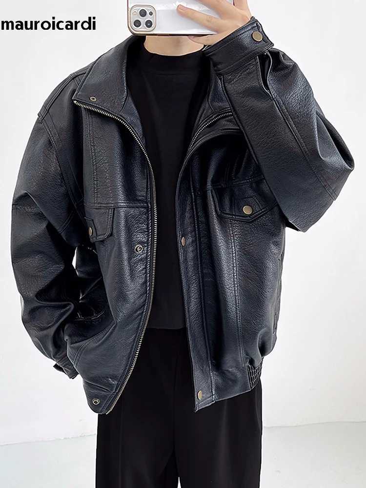 Mauroicardi Spring Autumn Oversized Cool Warm Thickened Hard Black Pu Leather Bomber Jacket Men Long Sleeve Unisex Clothes 2024T250311