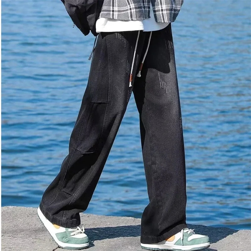 American Distressed Straight Drawstring Jeans For Men High Street Baggy Patchwork Denim Pants Hip Hop Fashion Y2K Jean 250311