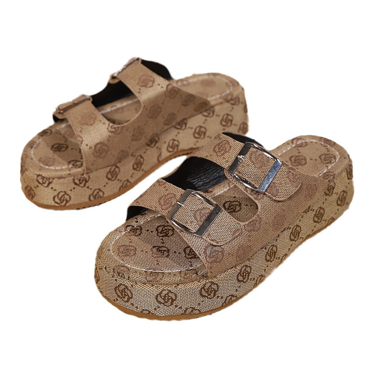 Large Thick Soled Slippers Khaki Rose Double Breasted Women s Slippers Fashion Designer Trendy Sandals Outdoor Leisure Vacation Flip Flops