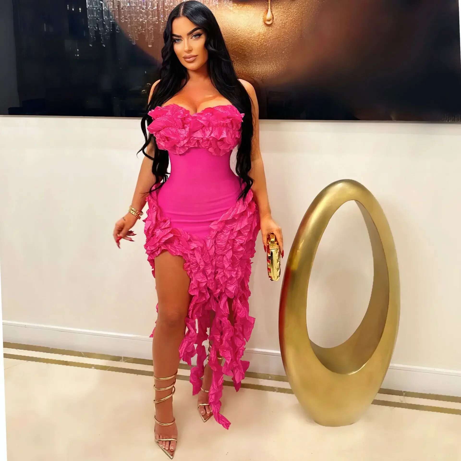 Cm.Yaya Women Strapless Ruffles Tassel Splicing Irregular Birthday Bodycon Long Maxi Dress 2024 Even Sexy Party Dresses Vestidos