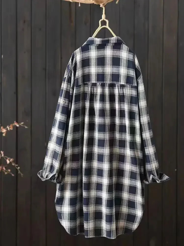 Womens Long Sleeve Blouse Fashionable and Agereducing Polo Collar Midlength Loose Versatile Fashion Top Plaid Shirt 250310