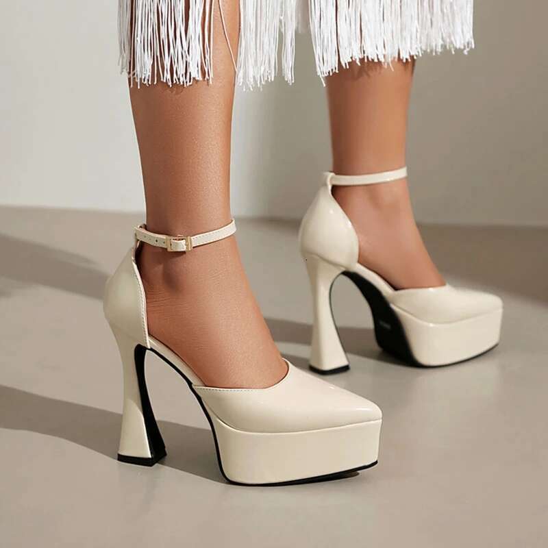 High Heel Girs Women Pumps Cm Platform Cm High Heel Ankle Strap Faux Patent Leather Pointed Toe Sexy Big Size