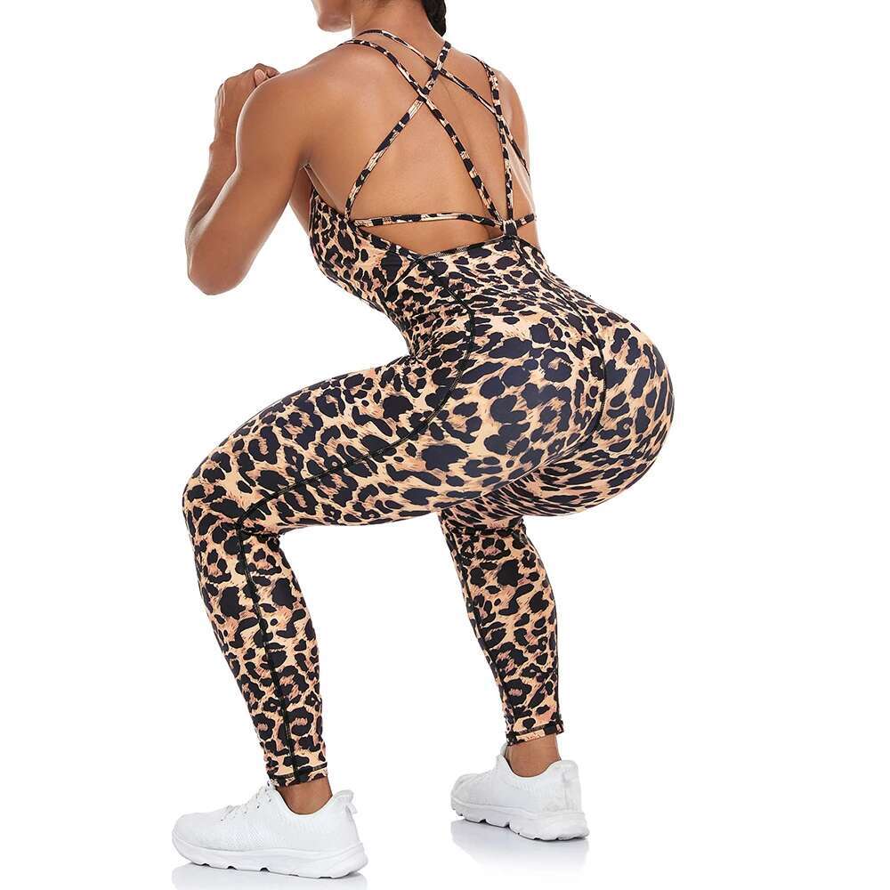 Sleeveless Leopard Print Bodysuit Women Sexy Backless Jumpsuit Long Pants Fiess Yoga Sports Suit Casual Clothes Female New In