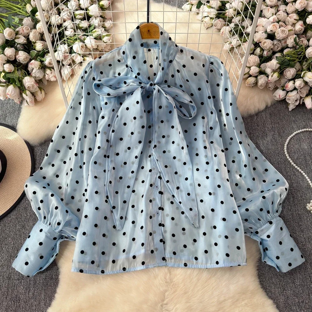 Spring Summer Women Vintage Lantern Long Sleeve Shirt Bow Lace Up Collar Polka Dot Print Loose Tops 250310
