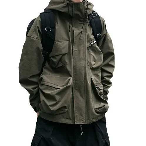 Trendy Autumn Winter Hooded Jacket Mens Loose-fit Windproof Casual Workwear Clothing PocketsT250311