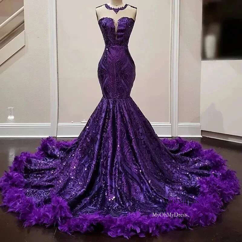 Purple Sparkly Long Prom Dress For Black Girls Mermaid Sheer Lace Feather Birthday Party Dresses Evening Gown Customized al0311