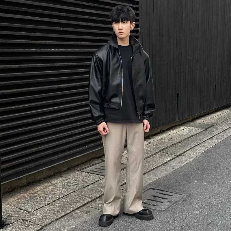 Korean Fashion PU Leather Jacket Mens Trendy Casual Black Zipper Jacket Loose Lapel Shoulder Pads Motorcycle Uniform WindbreakerT250311