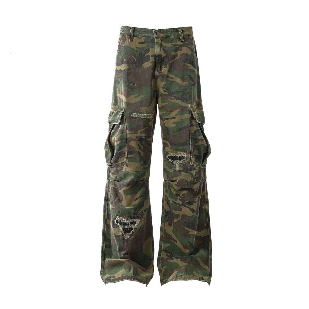Jiayiku Trendy Brand 2025 New High Street American Style Piercing Personality Vibe Camouflage Work Clothes Casual Pants Micro Pull