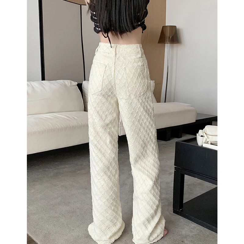 White high waisted diamond checkered womens jeans spring jacquard wide leg pants 250306