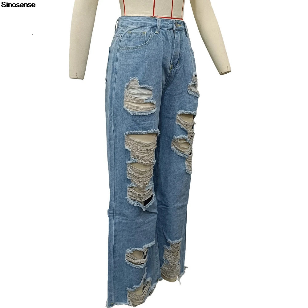 Womens Casual Loose Ripped Denim Pants High Waist Boyfriend Destroyed Distressed Wide Leg Jeans Daily Wear Street Y2K 250311