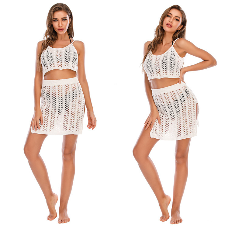 Fashion Women's Knitted Sexy Hollow Camisole Vest, Split Shorts, Beach Sun Protection Set