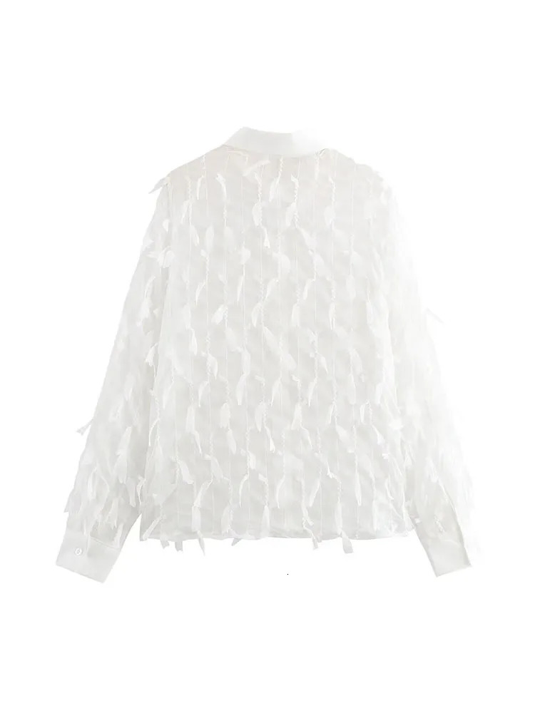 Autumn Arrivals Womens Clothing Tassel Fashionable and Versatile Translucent Long Sleeve White Lapel Shirt 250310