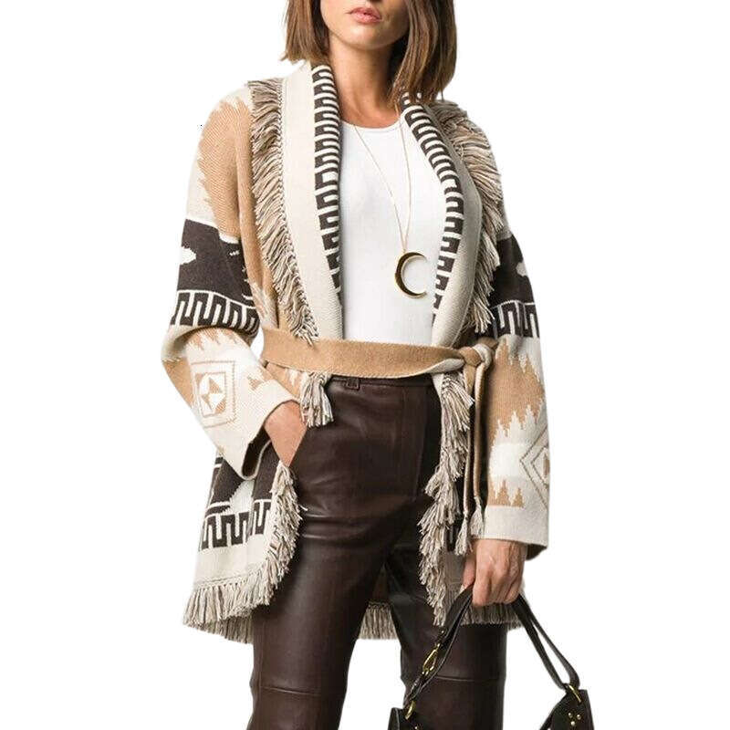 Autumn Winter Long Sleeved Wool Blended Knitted Sweater, Loose And Thick Bohemian Jacquard Cardigan Jacket