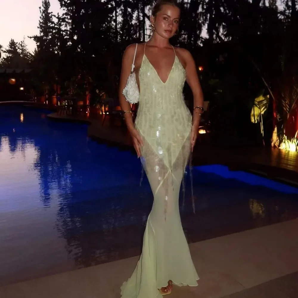 Yellow Sequins Maxi Beach Dress Women Sexy Backless Slim Party Fishtail Dresses Summer Mesh Patchwork Sheer Holiday Dress