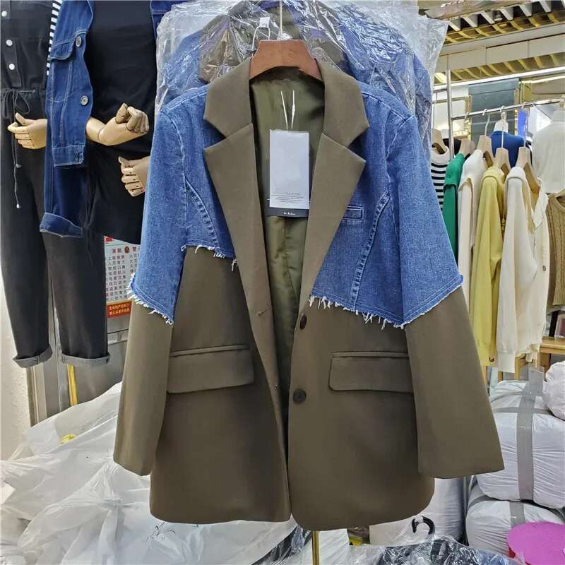 Korean Denim Patchwork Blazer Women Big Pocket Outerwear Female Loose Irregular Contour Mid Long Jeans Splicing Suit Jacket Coat