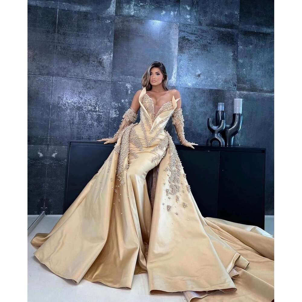 uosos Evening Champagne, Full V-neck, Beading Mermaid Prom Dress, New Designed Pearls, Formal Party Dresses
