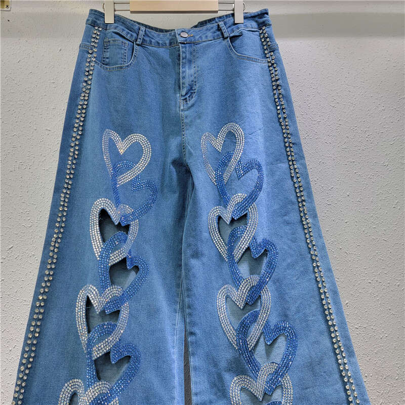 Style, Personality, High-End Feel, Heart-Shaped Splicing, Hollowed Out High Waist, Elastic Straight Tube, Slimming Jeans, Pants, Women's Pants