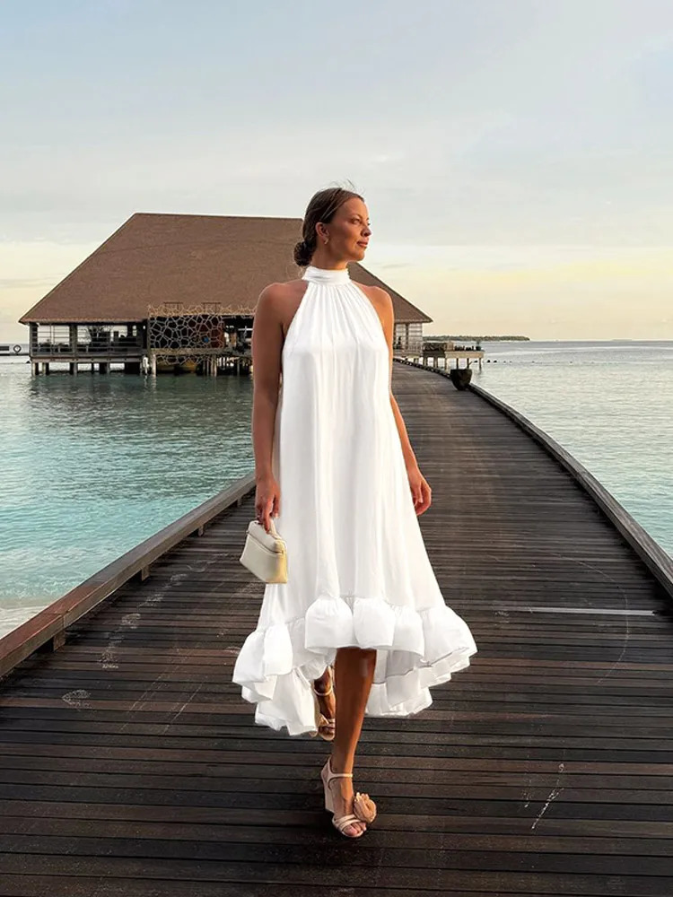 Summer Lady Sexy Open Back Halter Dress For Women Elegant White Off Shoulder Loose Aline Dresses Highstreet Party Robe 250311