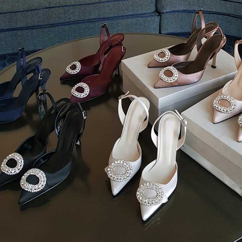 Hot High H 2023 New New All-Match Satin Wine Red Sexy Stiletto Rhinestone Pointed Toe Shoe Wen Sandals Z250311