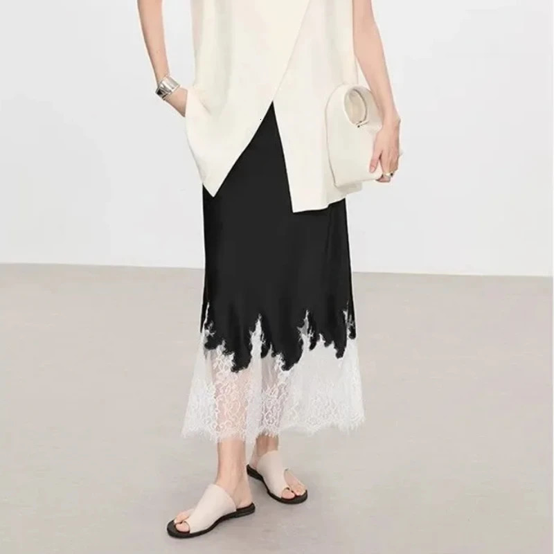 Fairy LaceTrim Midi Satin Skirt High Waist Elegant Wrapped Hip Long Skirts Party Fashion Trends Summer Women Clothing 250311