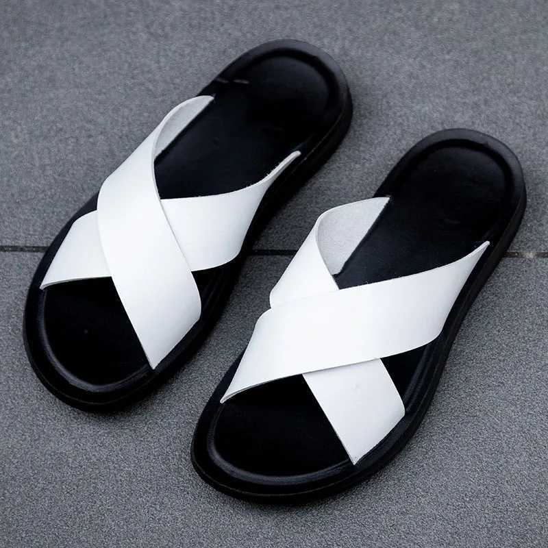 2023 Womens Real Leather Slippers Summer New Black White/red/yellow Cross Over Slippers Mens Leisure Comfort Flat SandalsXJ250311