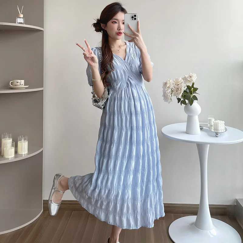 French Style Summer Maternity Pleated Dress High Waist V-neck Short Sleeve Pregnant Woman Elegant Dress Pregnancy Clothes LooseT250311