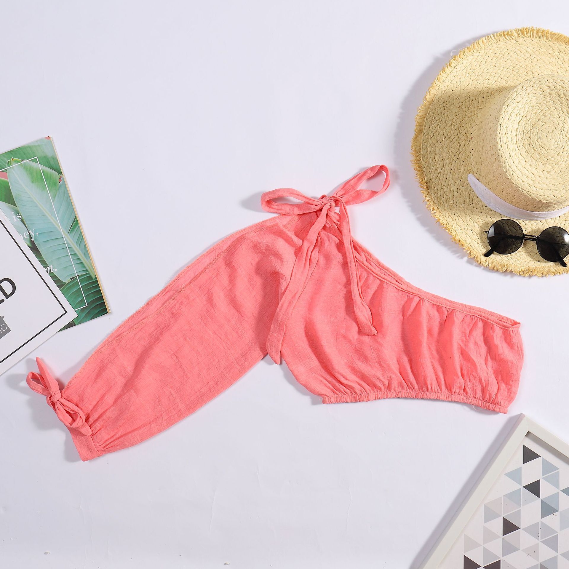 Beach Women's Bamboo Cotton Single Shoulder Strap Loose Sun Protection Chest Wrapped Beach Coat Bikini Cover Shirt