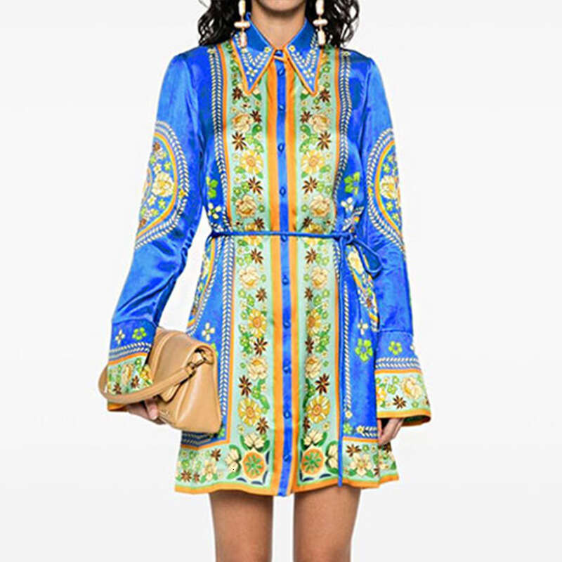 Women's Clothing 2025 Spring New Style Temperament Lapel Print Fashionable Lace Up Long Sleeved Dress KLMY