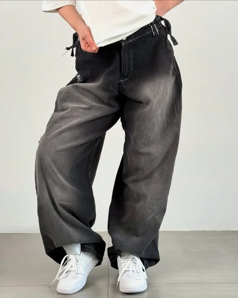 Goth Girl Retro Harajuku Hiphop High Street Jeans Women Y2k American Fashion Waist Washing Wideleg Pants Trousers 250311