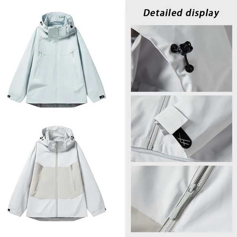 Spring Autumn Men Waterproof Hiking Jacket Women Stitching Color Hooded Windbreaker Outdoor Camping Cycling Casual JacketT250311