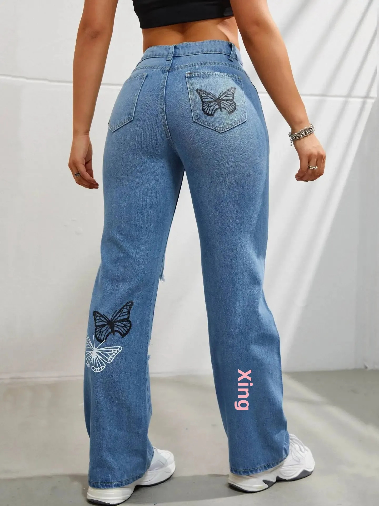 Spring Summer HighWaisted StraightLeg Denim Jeans With Butterfly Printing And Color Blocking For Women Fashionable Tre 250311