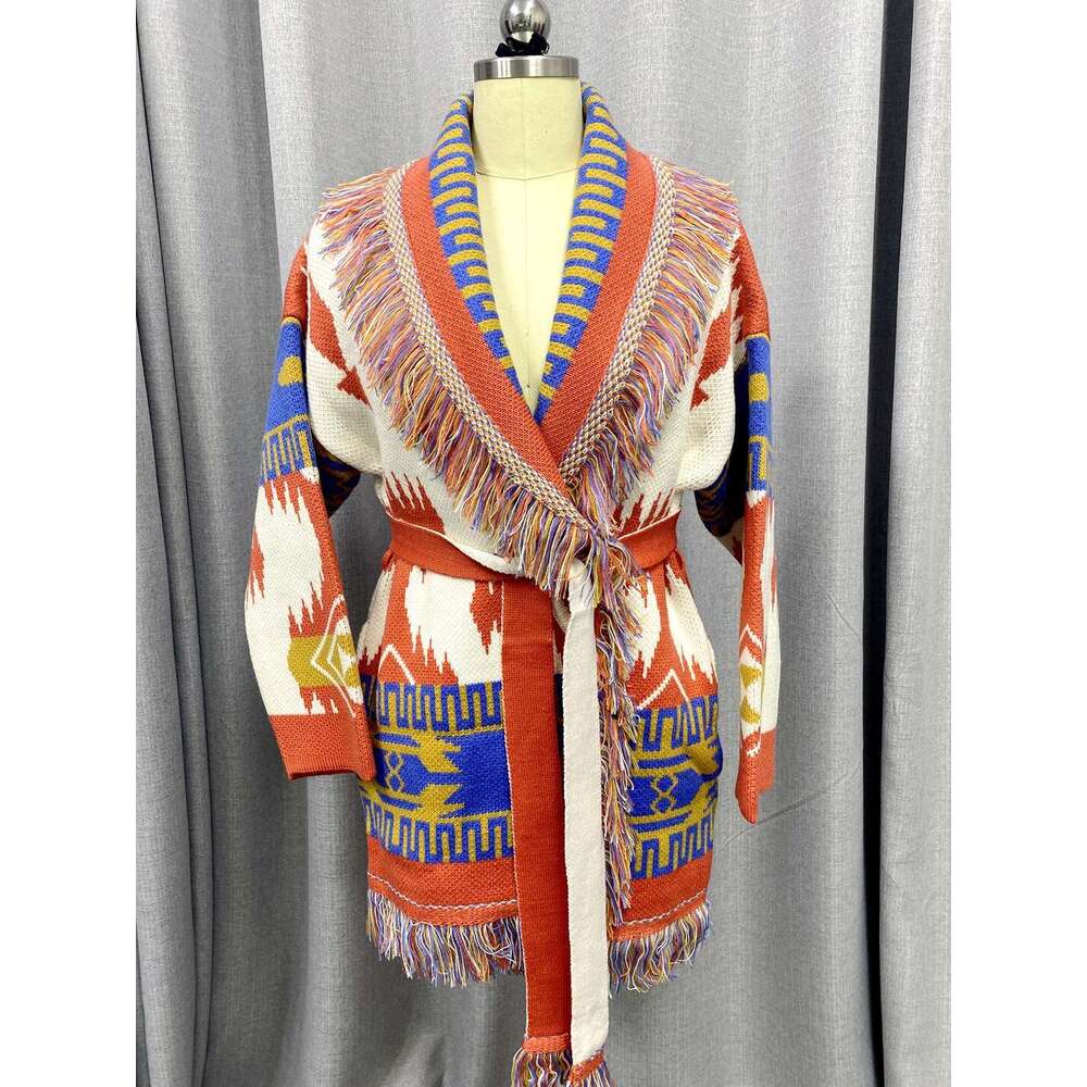 Bohemian Jacquard Cardigan Fashion Tassel Cashmere Sweater Large Collar Medium Length Knitted Jacket