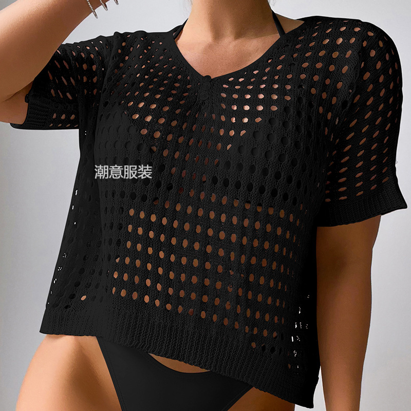 New Women's Hollowed Out Fashionable Collar Button Loose Pullover Short Sleeved Woven Sexy Beach Cover Shirt