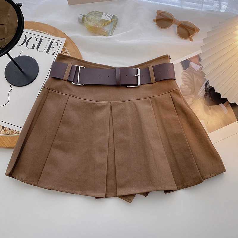 2023 A-line Skirts with Belt Women High Waist Short Skirt Buttons Skirt Female Clothing Female All-matchT250311
