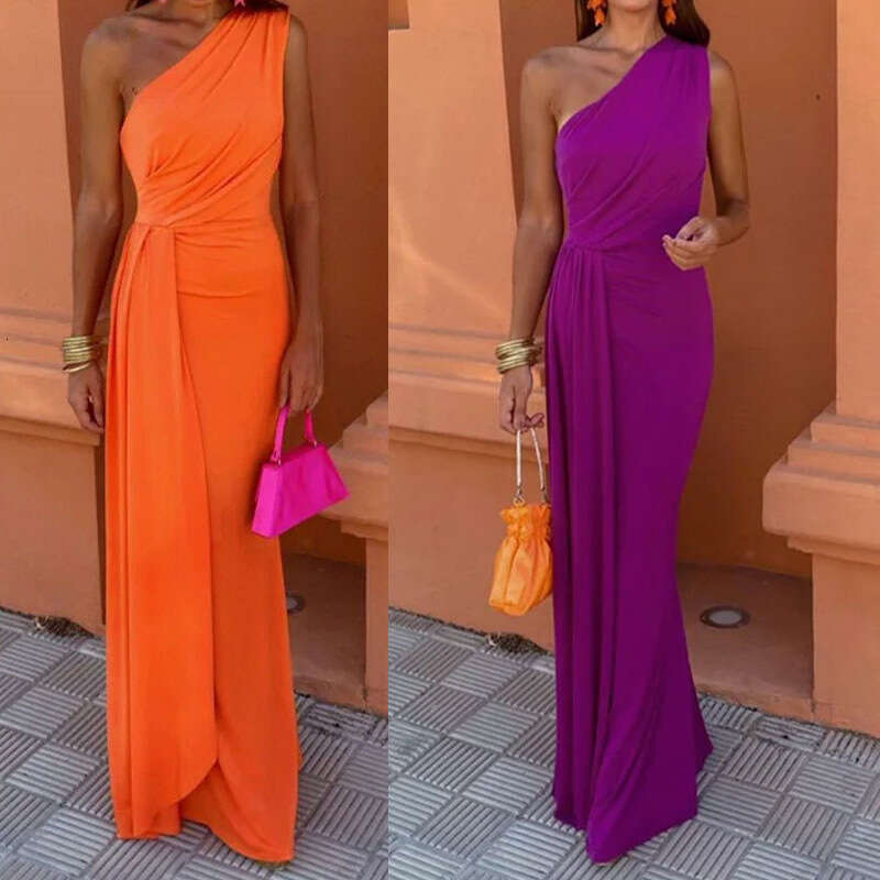 2025 Spring New Women's Clothing Elegant And Fashionable Solid Color Shoulder Long Dress KLMY