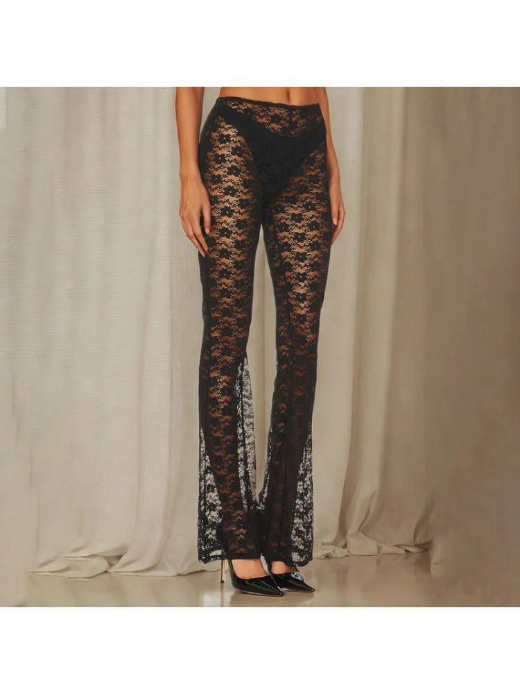 Sexy Flared Wideleg Pants for Women Small Floral Lace Versatile Highelastic Seethrough Casual Trousers 250310