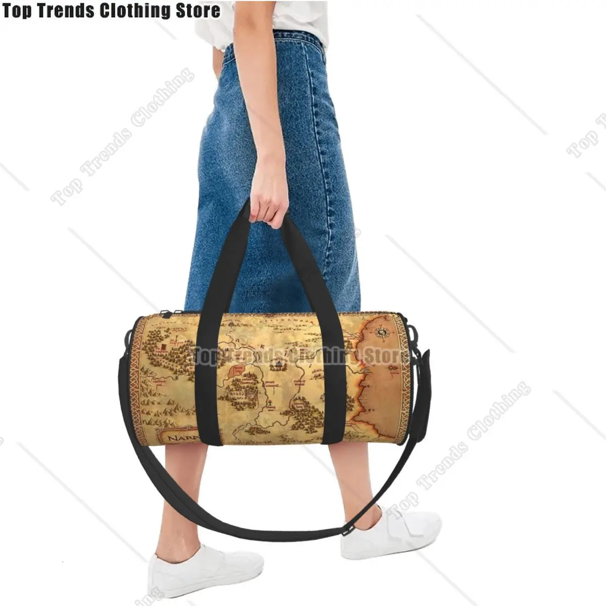 Map Retro Travel Bag Mens Fitness Handbag Cylindrical Shoulder Womens Large 250311